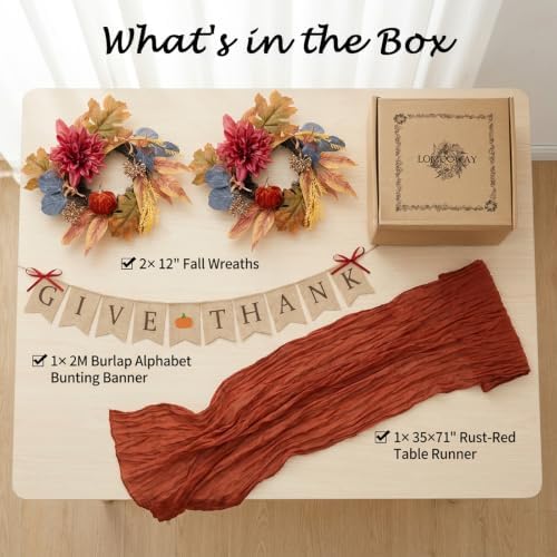 12 Inch Fall Wreaths for Front Door Set of 2, Artificial Pumpkin Dahlia Autumn Wreath with Table Runner & Bunting Banner, Farmhouse Thanksgiving Harvest Decor - Image 2