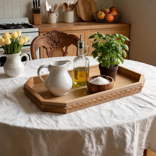 Wood Rustic Decorative Tray with Braided Farmhouse Wooden Serving Tray - Image 3