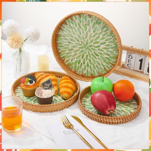 3 Pack Round Rattan Tray with Mother of Pearl Inlay - Image 7