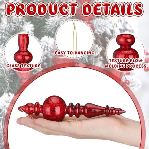 Soaoo 6 Pcs 6.3 in Red Mercury Glass Finial Christmas Ornaments - Image 5