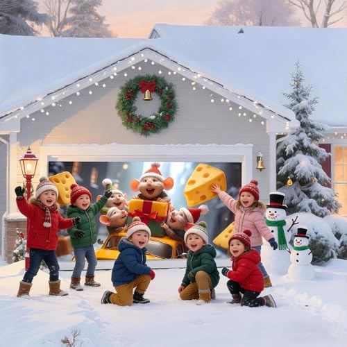 Christmas Garage Door Banner – Winter Scene with Cute Little Mouse, Cheese, Cars & Snow Decorations, Large Waterproof Reusable Outdoor Holiday Mural for Xmas Decorations,C,16 x 7ft/4.8 x 2.1m - Image 3