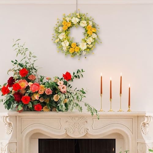 24 Inch Spring Yellow Floral Wreath for Front Door, Artificial Camellia & Orchid Wreath with Eucalyptus Greenery, Farmhouse Door Decor for Spring Summer Wedding Wall Window - Image 4