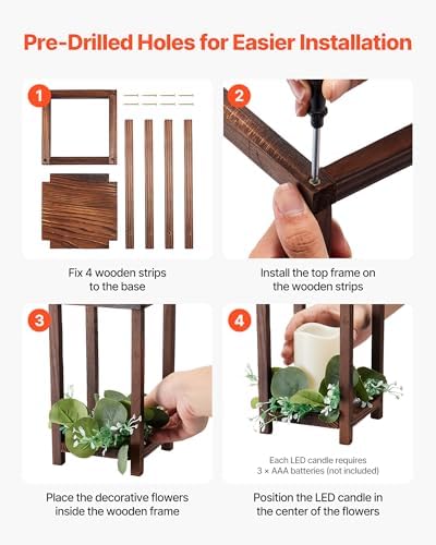 VEVOR 12 Set/36 Pcs Wooden Wedding Lantern Centerpiece, Includes 12 Wooden Lantern Candle Holder 12 Flameless LED Candle 12 Eucalyptus Leaves Wreath for Wedding Table Party Farmhouse Decor, Brown - Image 5