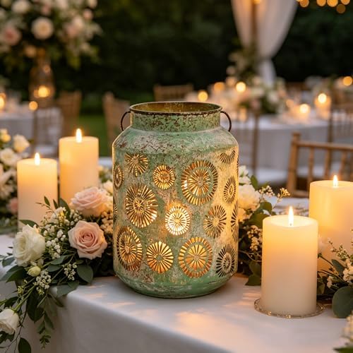Rustic Metal Hanging Lantern, 8.66" H Vintage Distressed Green Firework Cutout Decorative Lantern for Indoor Outdoor Use, Tabletop Patio Wedding Centerpiece, Fits Pillar & LED Candles - Image 3