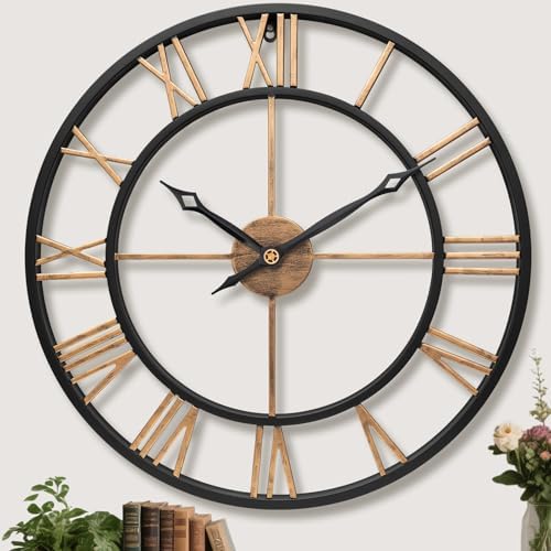 30 Inch Metal Large Wall Clock with Vintage Gold Roman Numerals by Unknown