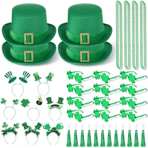Kenning 48 Pcs St Patricks Day Accessories Party Favors Set, St Patty's Day Decorations, Leprechaun Hat Irish Headband Shamrock Glass Necklace Foil Horn for Saint Patricks Party Supplies Parades Gifts by Kenning