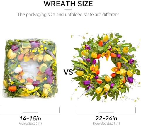 Spring Wreaths for Front Door 24 Inch,Spring Summer Wreath with Colorful Tulip,Eucalyptus and Ferns,Tulip Wreath for Indoor Outdoor Farmhouse Home Porch Wall Decor - Image 5