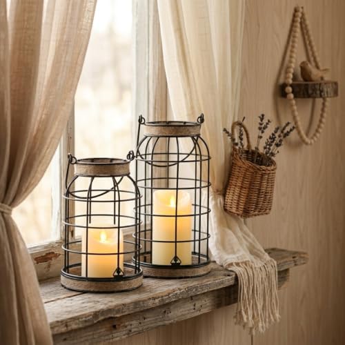 Rustic Farmhouse Candle Lantern, 2Pcs Decorative Lantern Decor with Candles - Image 4