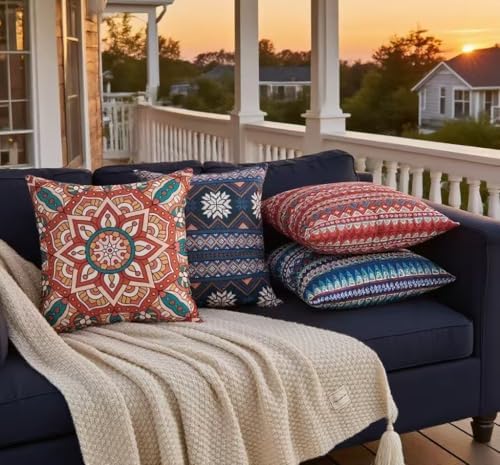 Couch Bohemian Double-Sided Patterned Throw Pillow Covers 20X20 Inch Set of 4 Square Farmhouse Decorative Cushion Covers BOHO Vintage Pillow Cases For Sofa Living Room Bedroom Outdoor Patio Porch - Image 6