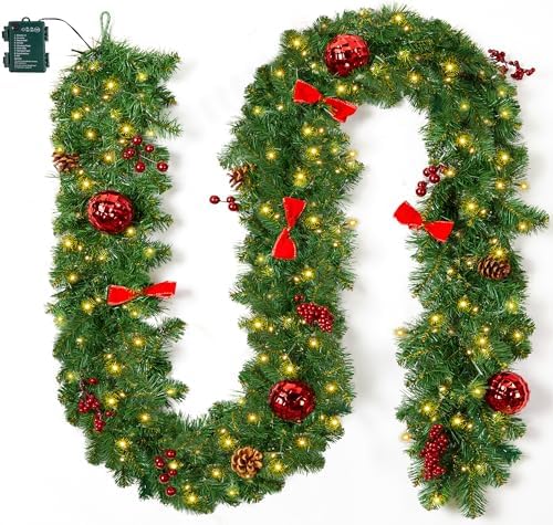 Christmas Garland with Lights, 9Ft Prelit Garland, 8 Light Modes & Timer by Brightown