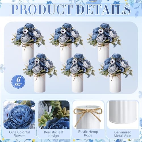 Domensi 6 Sets Wedding Centerpiece for Table Decoration Dusty Blue Artificial Fake Rose Flower with Metal Vase Faux Silk Rose Bouquet Floral Arrangement for Bridal Shower Home Dining - Image 5