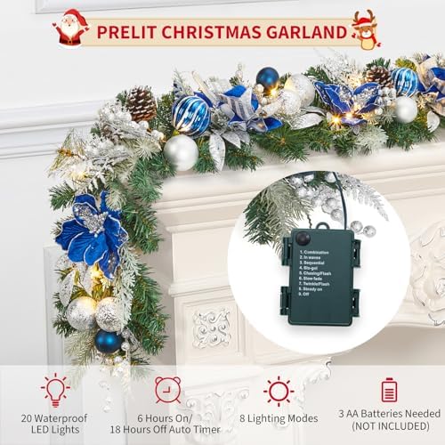 Garvee 6 Ft Christmas Garland with Lights for Mantle, Blue Silver - Image 4