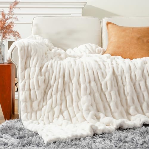 Battilo Soft Ivory Faux Fur Throw Blanket for Couch, 50"x60", Double Side - Image 4