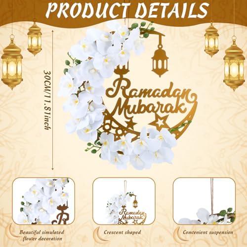 Lineshading Eid Ramadan Mubarak Wreaths Ramadan Decorations for Home Front Door Eid Decor Round Metal Hoop Floral Hanging Garland for Wall Window Indoors Outdoor Farmhouse Decor (Classic) - Image 2