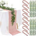 Leinuosen 8 Set 10 Ft Light Pink Cheesecloth Table Runner Wedding Decor with 6 Ft Eucalyptus Garland, Boho Gauze Table Centerpiece Runner for Wedding Baby Shower Birthday Party Decoration by Leinuosen
