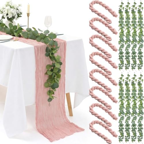 Leinuosen 8 Set 10 Ft Light Pink Cheesecloth Table Runner Wedding Decor with 6 Ft Eucalyptus Garland, Boho Gauze Table Centerpiece Runner for Wedding Baby Shower Birthday Party Decoration by Leinuosen