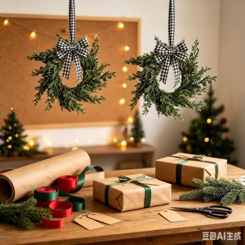6 Pcs Small 4th of July Hanging Wreaths for Cabinets Patriotic Mini Candle Ring Wreath with Red White Blue Flowers (6, Winter Greenery Cedar Checkered Bow) - Image 5