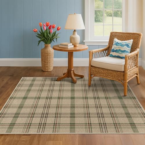JTJ Easy Jute Plaid Rug 4x6, Beige & Sage Green, Washable Outdoor Rug - Image 3