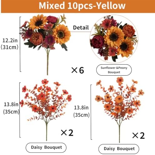 Mixed 10 Pcs Fall Artificial Sunflower Peony Bouquet, Yellow Burgundy Silk Faux Flower, Autumn Faux Floral Arrangements for Wedding Table Thanksgiving Porch Planters Garden Patio Outdoors Decor - Image 3