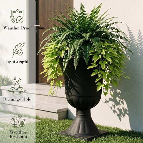 Worth Garden 2-Pack Plastic Urn Planters for Outdoor Plants, 22'' Black Tall Round Classic Resin Traditional Flower Pots - 15 in. Dia Large Imitation Stone Decorative Pot Patio Deck Front Porch - Image 3