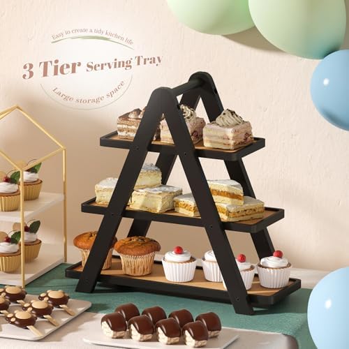 3 Tier Serving Tray Cupcake Stand and Towers Serving Tray for Party Food Tray Farmhouse Serving Platter Decorative Tray Decor Dessert Display Set Tiered Tray Stand (Black) - Image 2