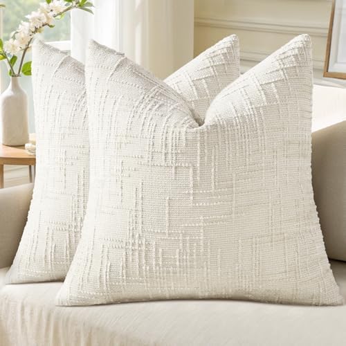 decorUhome Textured Chenille Throw Pillow Covers 26x26 Set of 2 Cream White by decorUhome
