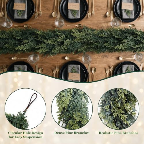 9FT Christmas Cedar Garland, Realistic Artificial Pine Greenery Garland with Flexible Wired Branches, Faux Holiday Garland for Mantle, Fireplace, Staircase, Table, Door, Indoor Outdoor Winter Decor - Image 3
