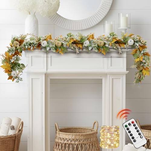 Fall Mantel Garland Decor for Home - 6 Ft Autumn Leaves Table Garlands with Lights Decorations for Thanksgiving and Halloween Leaf Centerpieces for Bedroom Tables Stair Porch Outdoor Farmhouse - Image 3