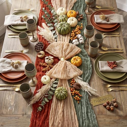 6 Pcs Terracotta and Sage Green Cheesecloth Table Runner 118" - Image 3