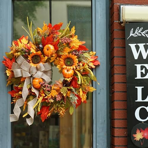 Fall Wreaths for Front Door Outside 24 Inch Autumn Wreath with Pumpkins, Sunflowers, Maple Leaves, Berries & Burlap Bow Fall Door Wreath, Autumn Wreaths for Front Door, Thanksgiving Halloween Decor - Image 3