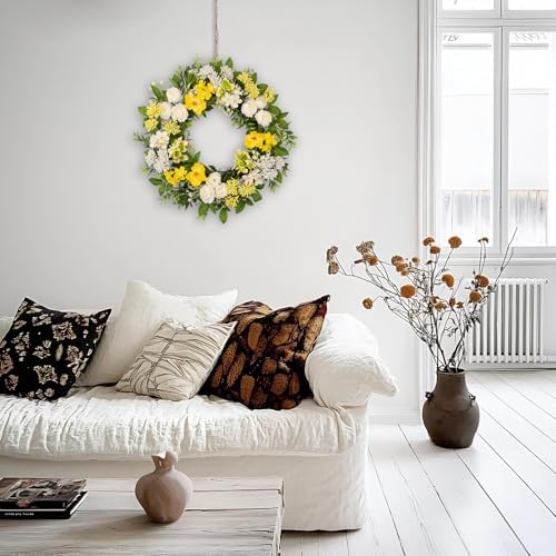 wwmira 22 Inch Spring Summer Wreath for Front Door, Artificial Wreath with White Peony Yellow Flowers and Green Leaves, Farmhouse Decor Wreath for Indoor Outdoor Wall Window - Image 4