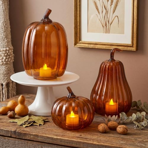 Yungyan Set of 3 Glass Pumpkin Fall Decor Table Centerpiece, Brown by Yungyan
