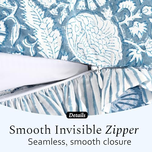 CPC Blue Meadow Hand Block Print 100% Cotton Ruffle Throw Pillow Cover 20x20 inch with Hidden Zipper Decorative for Couch, Bed, Sofa, Farmhouse, Cottagecore Decor Gift Christmas Fall Thanksgiving - Image 7