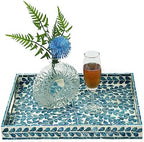 Serving Tray 15.7" X11.8", Lacquer Mother of Pearl Inlay Mosaic Tray, Rectangle Wooden Marble Tray with Handles Trays for Tea, Breakfast in Bed, Table (Blue) by WovenWickerThings