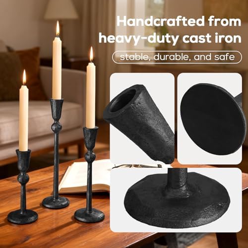 Set of 3 Antique Black Taper Candle Holders Cast Iron Candlestick Holder - Image 2