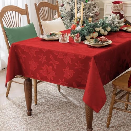 Softalker Christmas Jacquard Tablecloth, Winter Vintage Damask Rectangle Table Cover, Waterproof Poinsettia Snowflakes Polyester Table Cloths Decor for Holiday, Dining, Party - 60 x 120 inch, Red - Image 2