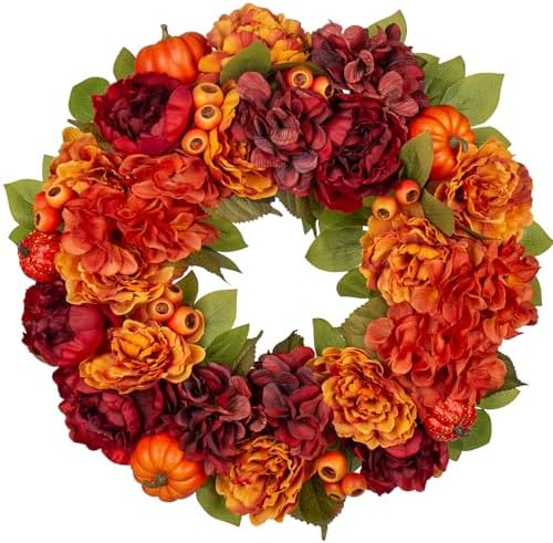24" Artificial Fall Floral Wreath for Front Door Autumn Wreath with Pumpkin Peony Hydrangea for Halloween Thanksgiving Day Indoor Outdoor Farmhouse Window Wall Décor by Arborus