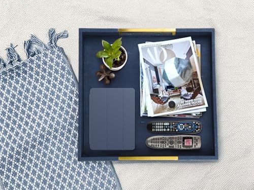 HofferRuffer Faux Leather Serving Tray with Gold Metal Handles, Stylish Decorative Tray Organizer for Coffee Table, Ottoman, Home Decor and Serving (Blue Shagreen, 18.9" x 18.9" x 2") - Image 4