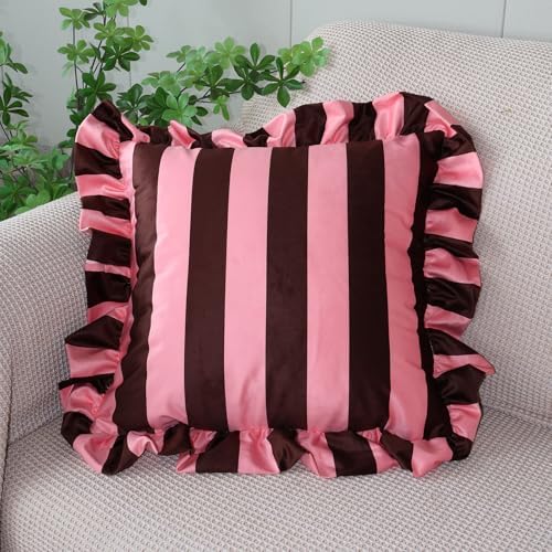 vctops Ruffle Square Throw Pillow Covers Boho Pink and Red Striped Decorative Pillowcases Set of 2, Soft Velvet Accent Cushion Cover Cases for Sofa Bed Living Room Decor (Pink Coffee,18"x18") - Image 3