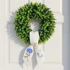 Boxwood Wreath for Front Door Spring Summer Wreaths for Farmhouse,Last Name Initial Year Round Porch Decor,20 inch Green Wreath with Personalized Monogram sash Embroidered Hydrangea and Letter - (C) by Vofuly
