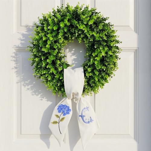 Boxwood Wreath for Front Door Spring Summer Wreaths for Farmhouse,Last Name Initial Year Round Porch Decor,20 inch Green Wreath with Personalized Monogram sash Embroidered Hydrangea and Letter - (C) by Vofuly