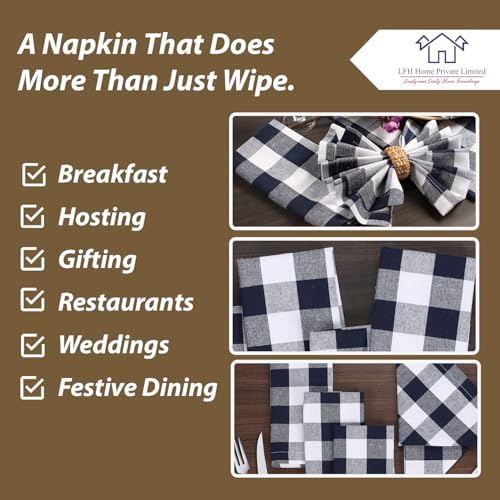 LFH Home 100% Cotton Cloth Reusable Dinner Napkins Set of 12 Washable Soft Decorative Buffalo Plaid Gingham and Checkered Table Napkins for Holidays Wedding Farmhouse Decor 18x18 Inch-Navy Blue&White - Image 6
