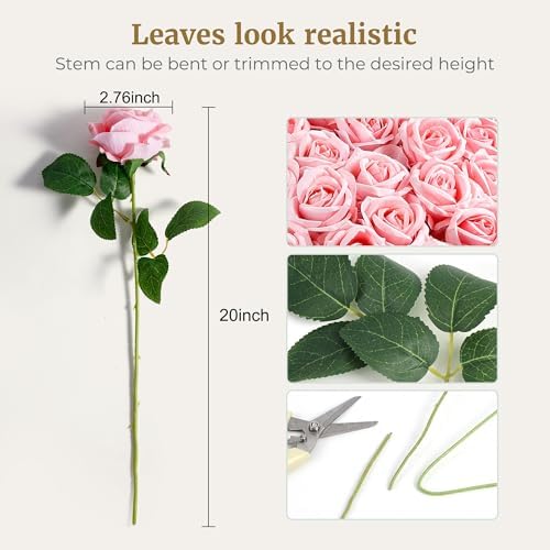 Auihiay 60PCS Pink Roses, Artificial Roses, Fake Roses, Velvet Silk - Image 5