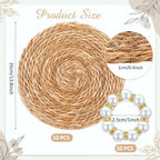 50 Set 13.8 Inch Round Woven Placemats with Pearl & Rhinestone Napkin Rings - Image 2