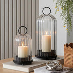 5" & 4" Metal Candle Holder with Ribbed Glass Candle Lanterns Set of 2, Vintage Windproof Hurricane Candle Holders for Pillar Candle, Decorative Table Centerpiece Patio Decor (Black) by Unknown