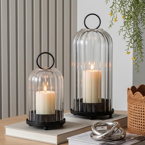 5" & 4" Metal Candle Holder with Ribbed Glass Candle Lanterns Set of 2, Vintage Windproof Hurricane Candle Holders for Pillar Candle, Decorative Table Centerpiece Patio Decor (Black) by Unknown