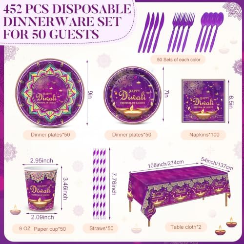 Ceenna 452pcs Diwali Party Supplies Serve 50, Paper Plates Napkins Cups Set - Image 2