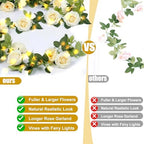 Flower Garland with Lights, 4 Packs 7FT White Floral Rose Flower Eucalyptus Garland Decor, Artificial Faux Leaves Greenery Vines for Table Runner Wedding Centerpieces Backdrop Decor (Warm Color) - Image 4