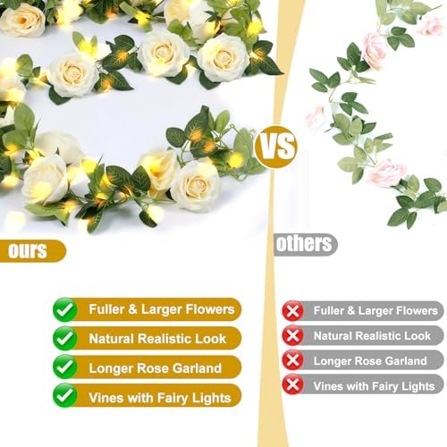Flower Garland with Lights, 4 Packs 7FT White Floral Rose Flower Eucalyptus Garland Decor, Artificial Faux Leaves Greenery Vines for Table Runner Wedding Centerpieces Backdrop Decor (Warm Color) - Image 4