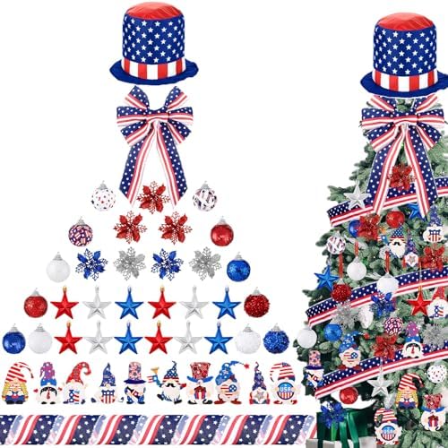 43 Pcs 4th of July Patriotic Tree Decorations Independence Day Christmas Tree Ornaments Ribbon Bow Topper Red White and Blue Hanging Ornaments for National Memorial Day Party by JaaMiin